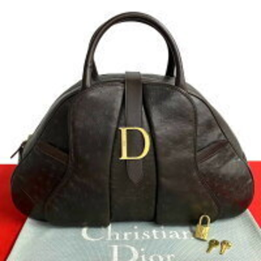 Christian Dior CD Logo Ostrich Leather Handbag Boston Bag Brown